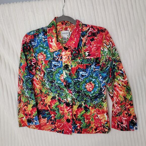 Chico’s Silk Cotton Crinkle Floral Jacket Top Size 0/S Dopamine Dressing Pockets - Picture 11 of 12